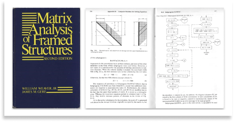 capa do livro matrix analysis of framed structures e páginas internas com fluxo de informação