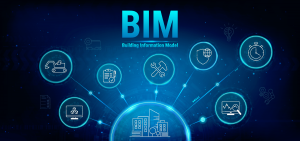Ilustração com a palavra BIM em destaque. Abaixo Building Information Model e ícones de etapas da construção civil.