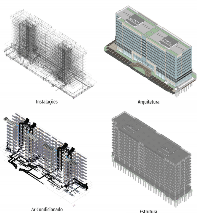 A imagem mostra quatro representações gráficas de um edifício em diferentes estágios de modelagem e design