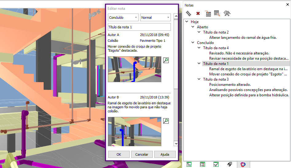 Uma captura de tela do software BIM. No centro, há uma visualização 3D colorida de uma construção, no canto uma nota