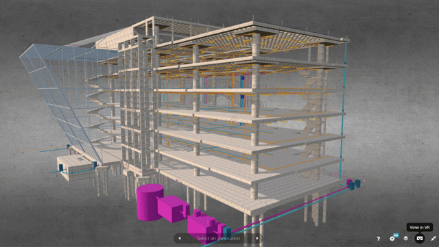 Visualização 3D de um modelo de construção em BIM, os elementos incluem estruturas em grade, pisos e dutos ou encanamentos.