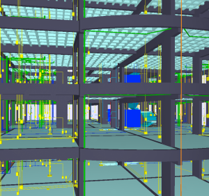 Uma visualização gráfica de um modelo 3D da estrutura de um edifício. Mostrando instalações elétricas e de encanamento em BIM