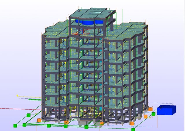 Um modelo 3D de um edifício mostrando detalhes estruturais como colunas e lajes. Indicando diferentes elementos da construção