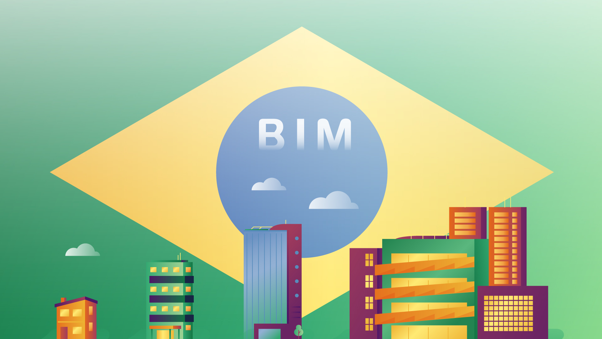 Ilustração com prédios e bandeira do Brasil ao fundo. Ao centro a palavra BIM.