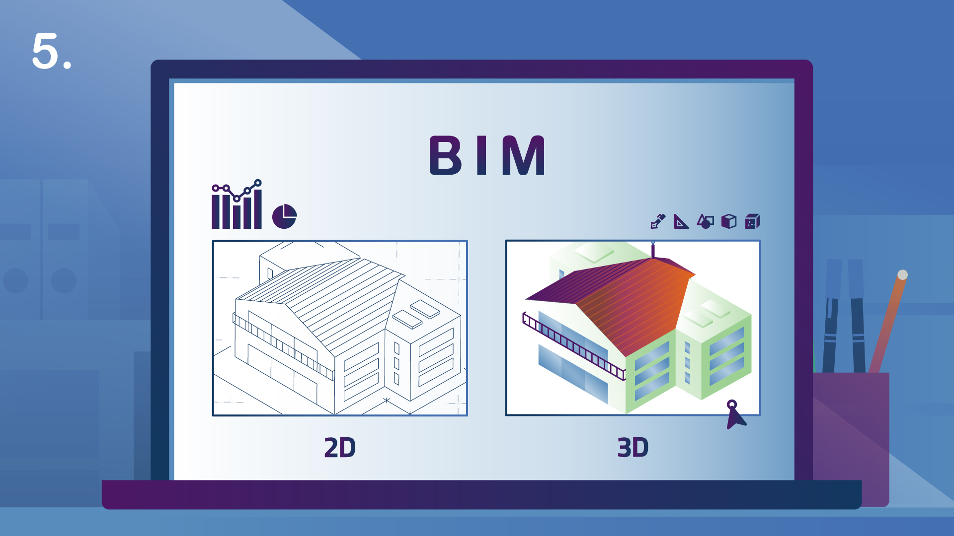 Ilustração de um notebook aberto, na tela, duas imagens comparando um projeto de uma casa em 2D e 3D. Acima, a palavra BIM.