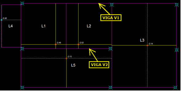 Diagrama ou um desenho técnico que representa parte de uma estrutura, com a 'viga 1' em cima e 'viga 2' em baixo 