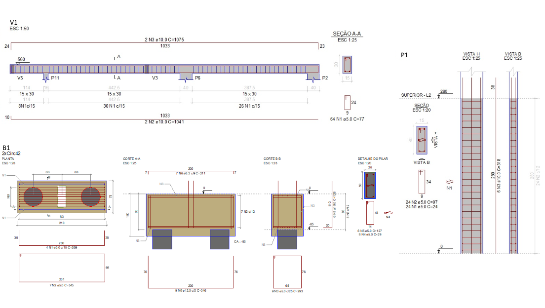 detalhamento de vigas e de bloco com duas estacas