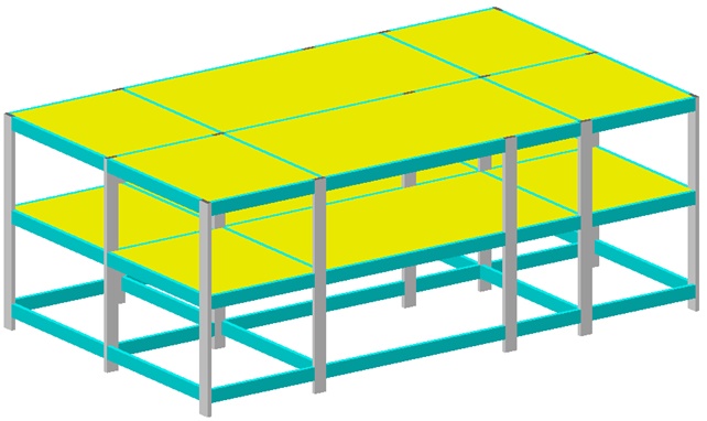 Visão 3D de um projeto estrutural com vigas, pilares e lajes