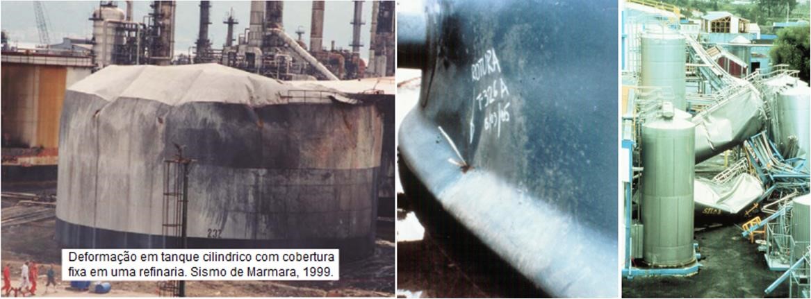 Fotos de tanques de armazenamento industriais que sofreram deformações.