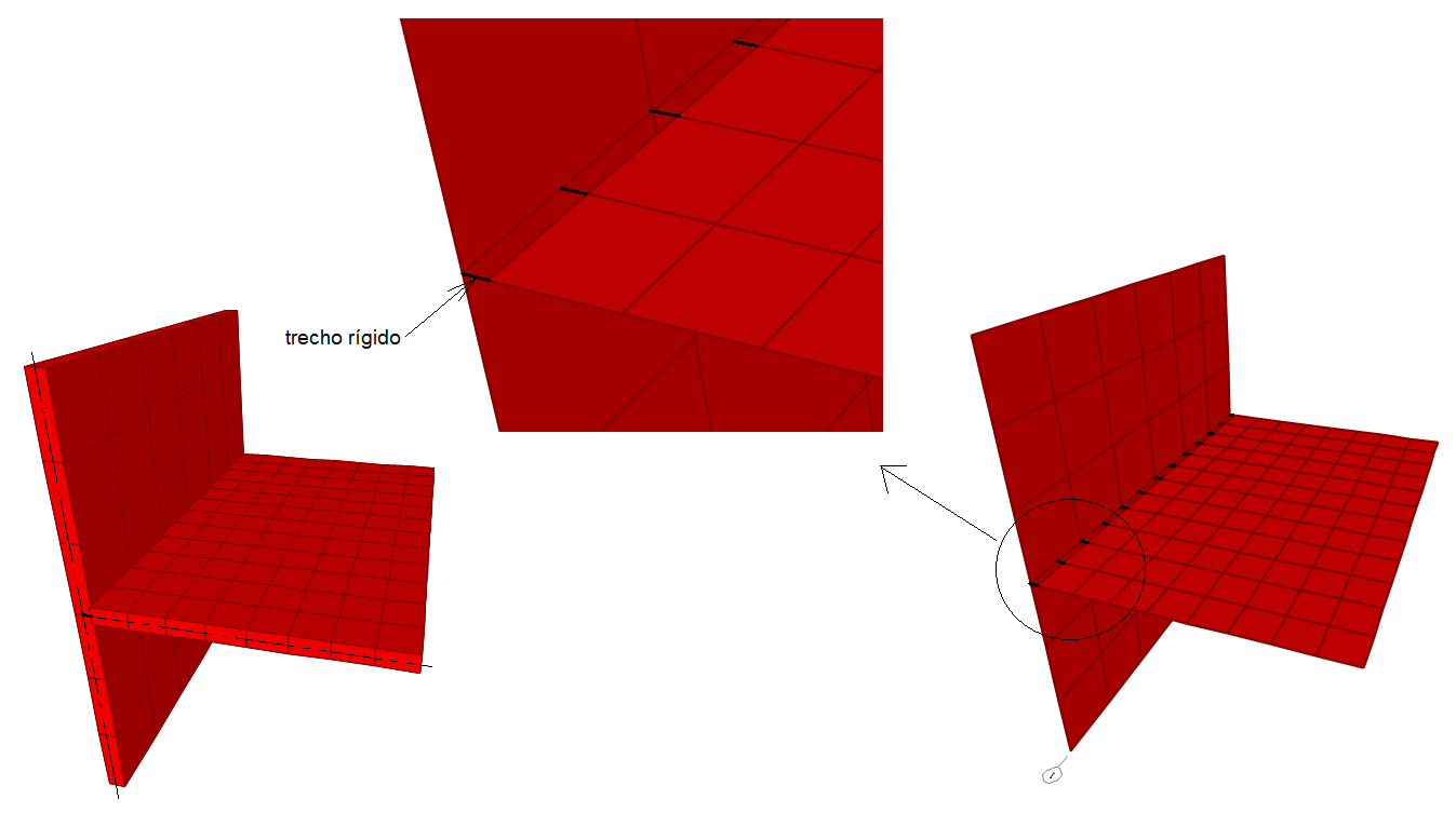 Três modelos tridimensionais, uma parede e laje modeladas com malhas de espaçamentos diferentes. Uso do trecho rígido