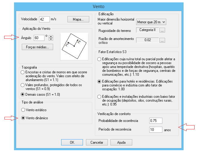 Captura de tela do computador da janela de configuração do cálculo do vento dinâmico e verificação do conforto no Eberick.