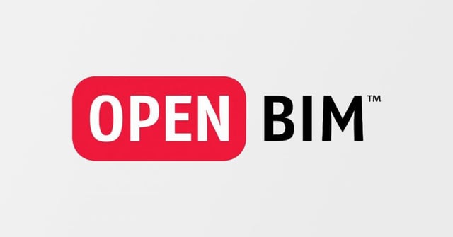 Um logotipo simples e moderno. No centro, a palavra 'OPEN' em branco e contorno vermelho ao lado as letras 'BIM' na cor preta