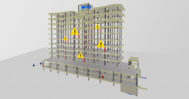 Um modelo 3D de uma estrutura de edifício em fases de planejamento. O modelo é detalhado com múltiplos andares e colunas