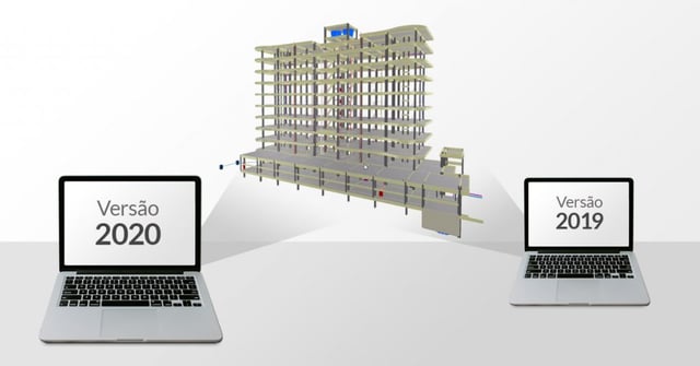 Uma ilustração 3D de uma estrutura e na frente há dois laptops lado a lado com telas que exibem 'Versão 2020' e 'Versão 2019'