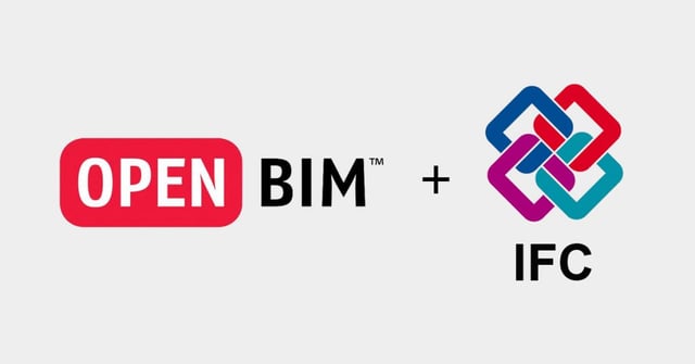 Dois logotipos separados por um sinal de adição (+). No lado esquerdo, há o logotipo do 'OPEN BIM', no lado direito 'IFC'