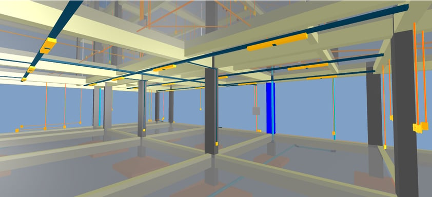 Visão 3D de projeto em BIM mostrando o interior de um prédio com as disciplinas de projeto elétrico e estrutural