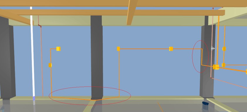 Visão 3D de projeto em BIM mostrando o interior de um prédio com as disciplinas de projeto elétrico e estrutural, evidenciando necessidades de desvios nos eletrodutos para contornar os pilares.