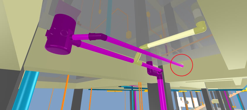 Visão 3D de projeto BIM representando um furo em viga previsto na estrutura, obtida através da posição real da rede de esgoto.