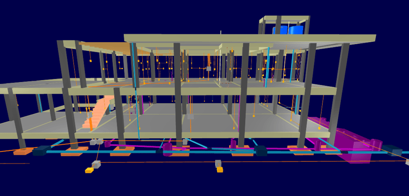 Visão 3D da compatibilização do projeto estrutural e hidráulico.