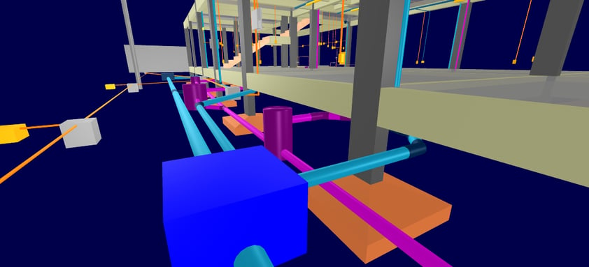 Visão 3D de projeto em BIM com caixa de passagem de projeto hidráulico