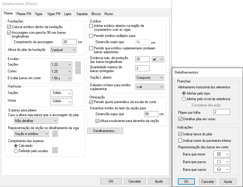 Imagem de captura de tela do computador das configurações para detalhamento de pilares