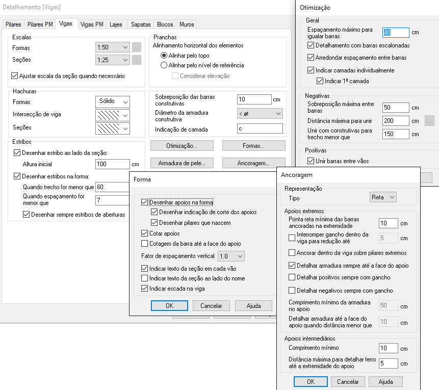 Imagem de captura de tela das configurações para detalhamento de concreto armado de vigas
