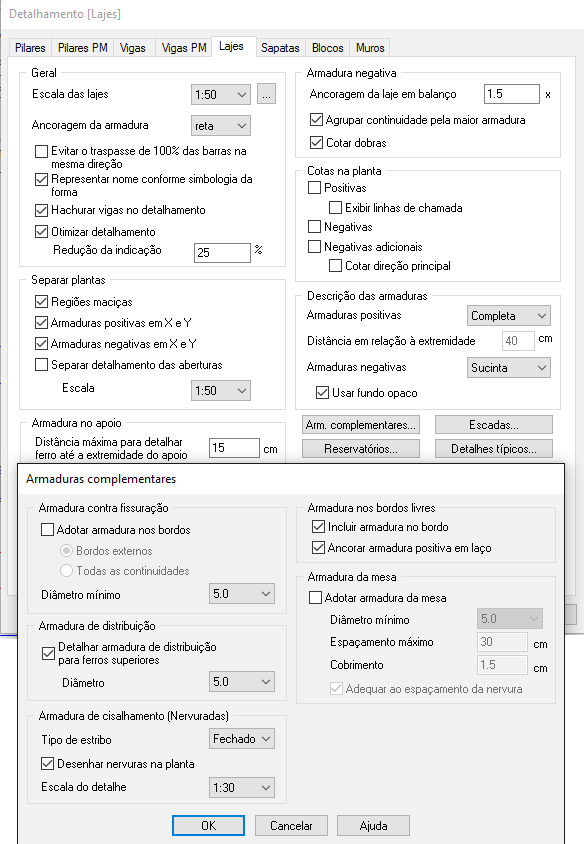 Imagem de captura de tela das configurações para detalhamento de lajes