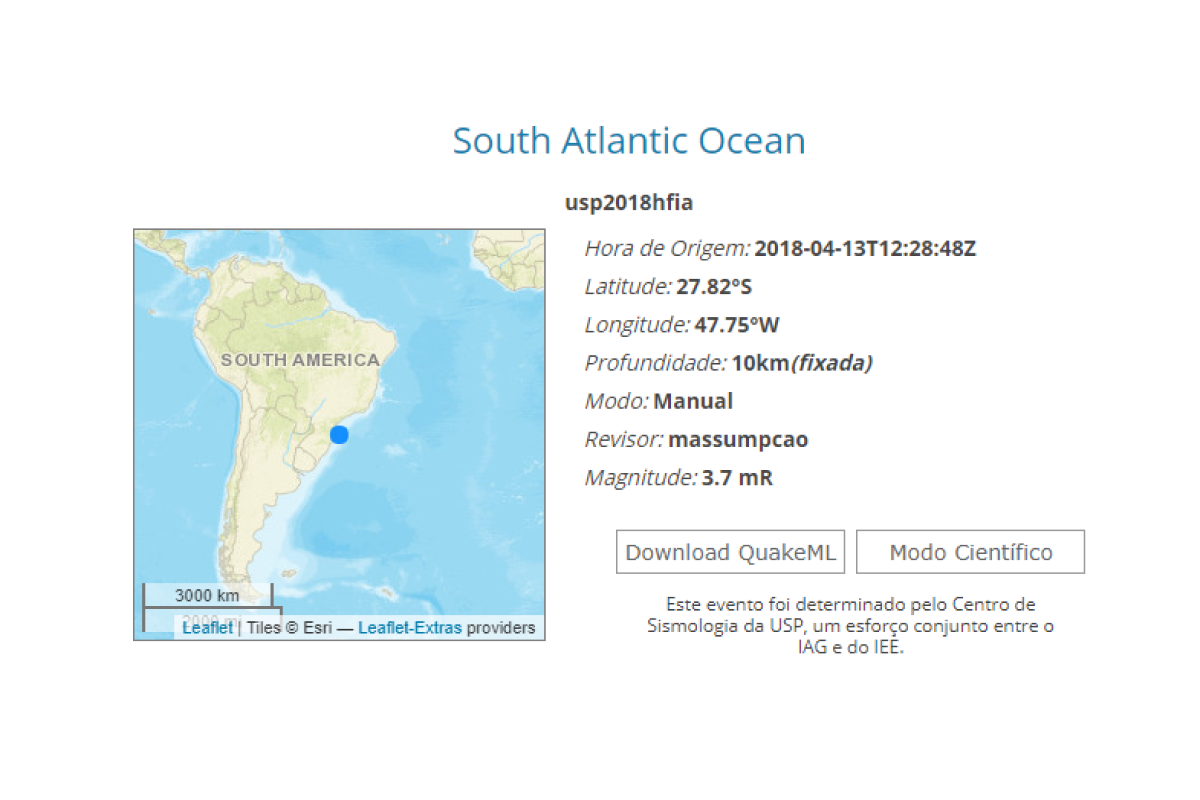 Um relatório de um evento sísmico no Oceano Atlântico Sul e um mapa mostrando a localização do evento com um ponto azul