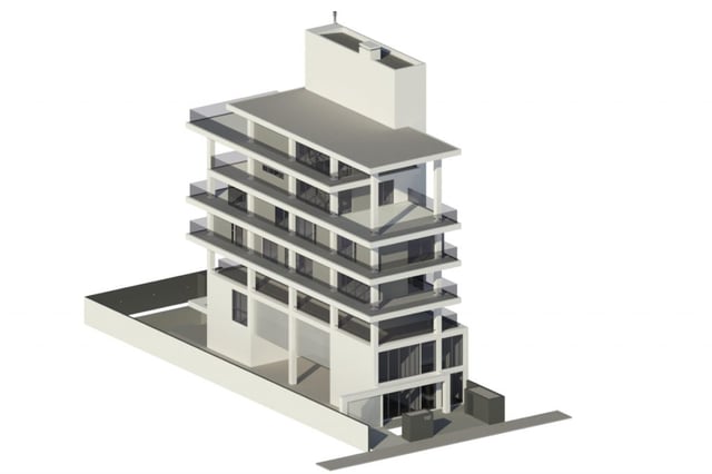 Uma renderização 3D de um prédio sobre uma perspectiva isométrica, tem visão clara da arquitetura e do design do edifício