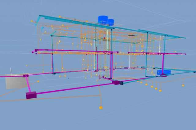 Uma visualização de um modelo 3D de um sistema de tubulações e pontos de eletricidade feito pelo BIM com visão total