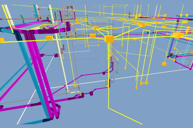 Uma visualização de um modelo 3D de um sistema de tubulações e pontos de eletricidade feito pelo BIM.