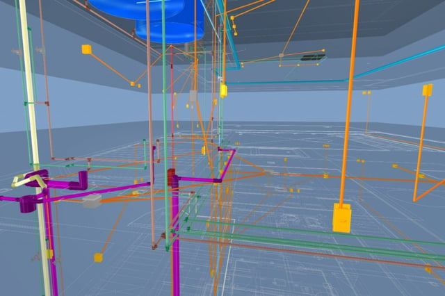 Uma representação gráfica de um modelo 3D de uma estrutura, vemos as instalações elétricas e tubulações