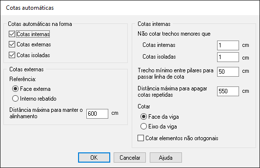 Uma captura de tela do computador com opções para personalizar, no Eberick, a representação de cotas na planta de formas