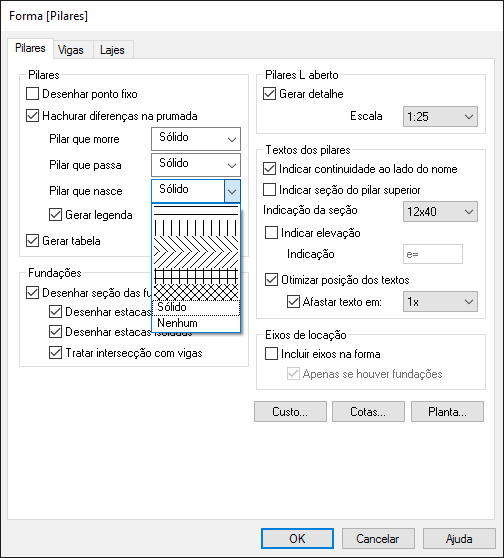 É uma captura de tela do computador com alguns itens disponíveis no Eberick para personalizar representação de planta formas