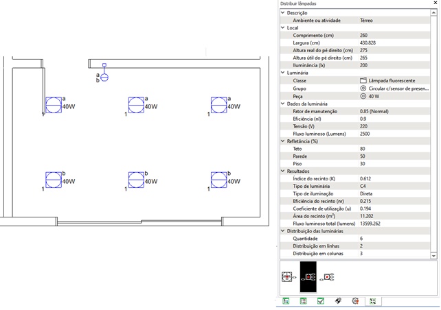 A imagem mostra a interface do software QiElétrico do lançamento das luminárias através do Método dos Lumens