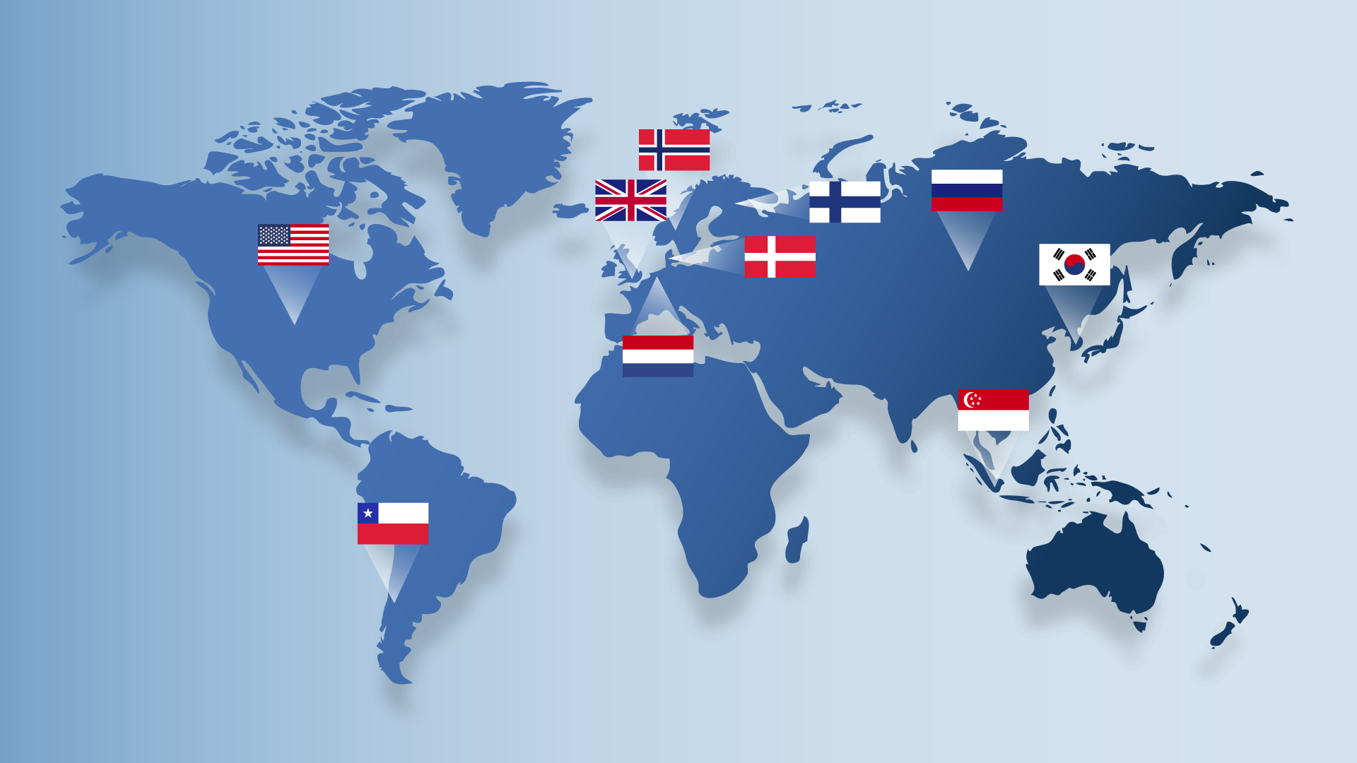 Ilustração de um mapa-múndi, com as bandeiras de 10 países, incluindo Estados Unidos, Chile, Inglaterra, Noruega e Holanda.