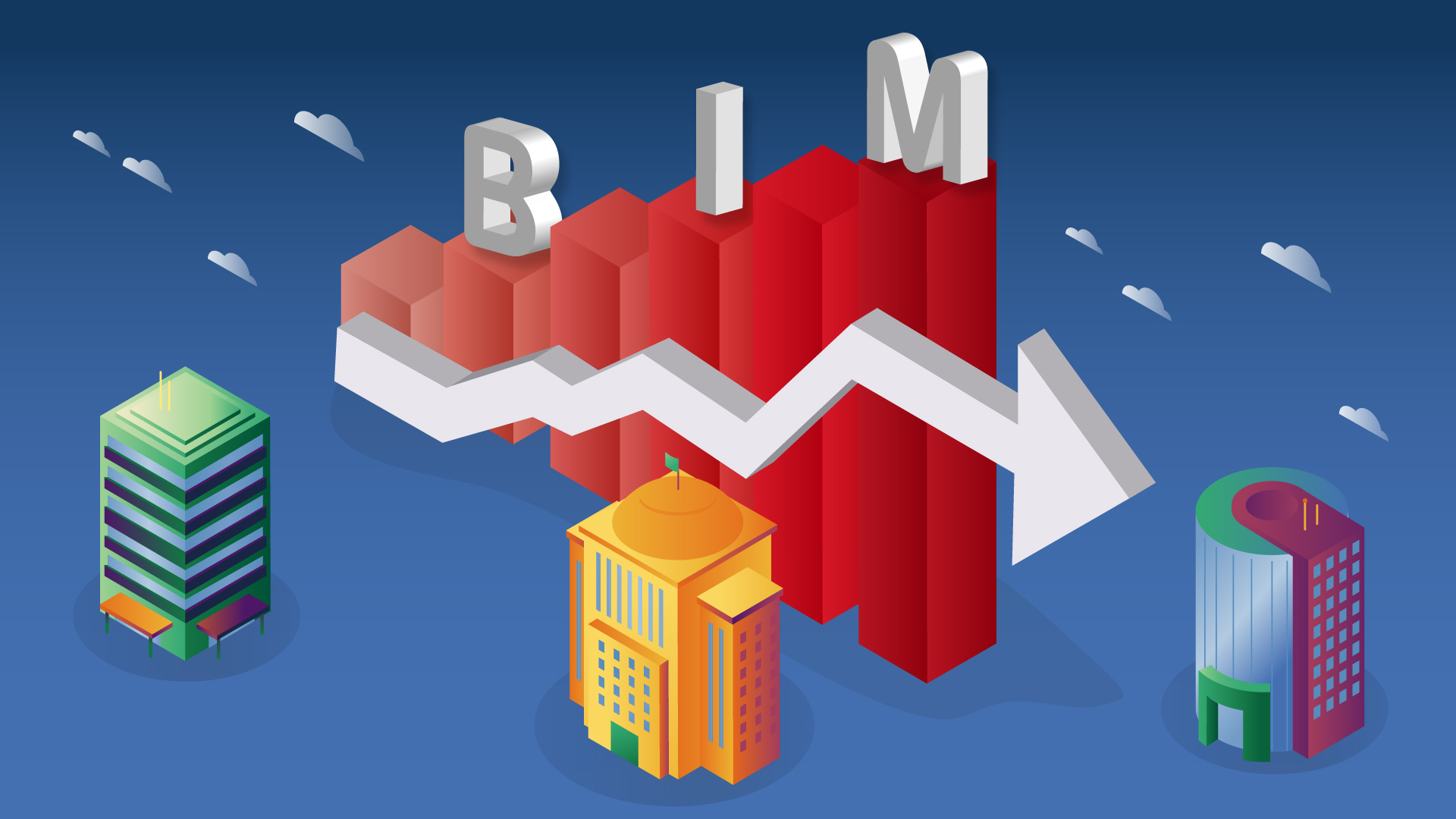 Ilustração contendo três prédios e um gráfico de barras e linha crescente. No topo das barras do gráfico, um anagrama BIM