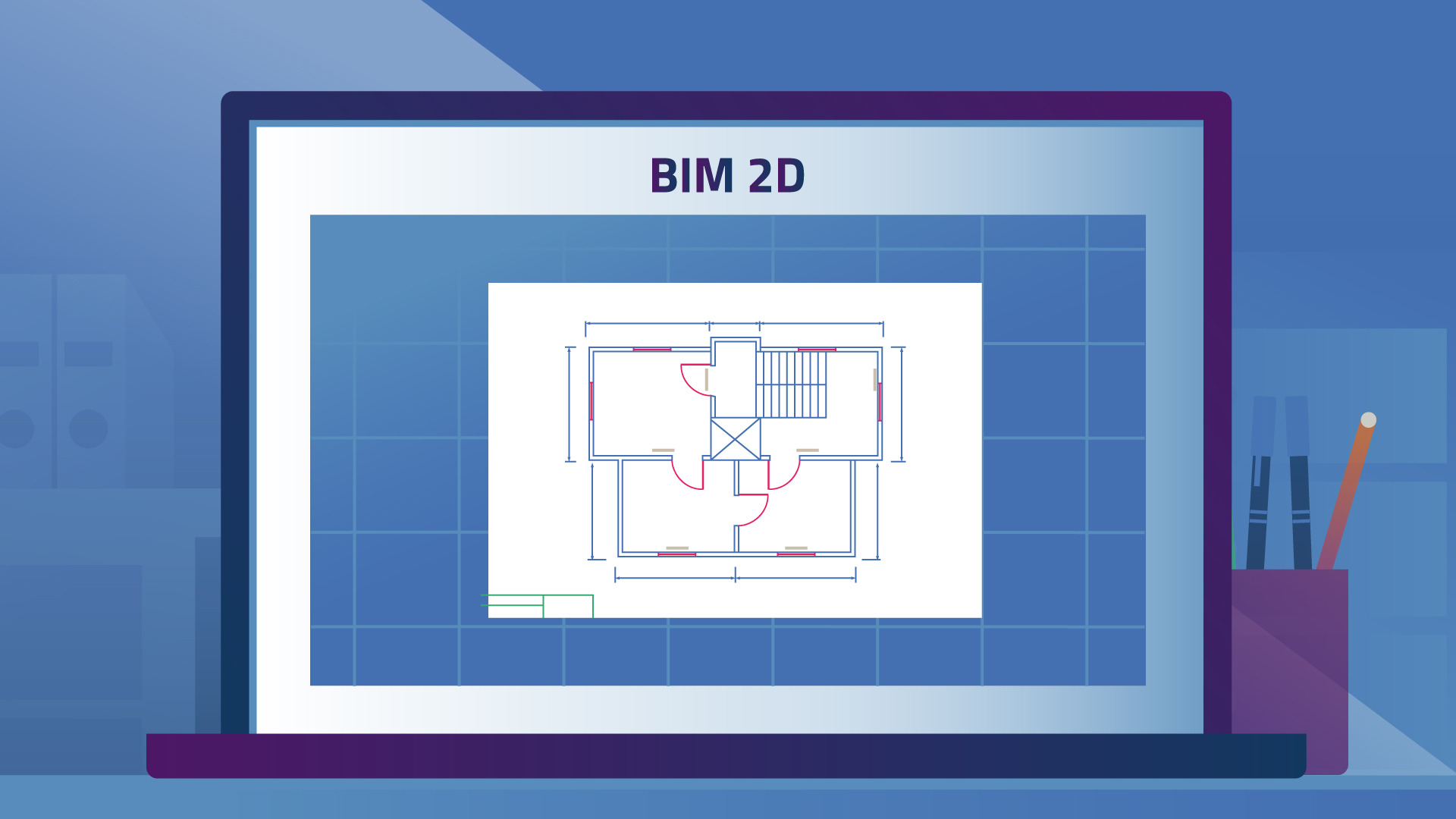 Ilustração de um notebook aberto. Na tela consta uma planta baixa de uma casa e acima o texto BIM 2D.