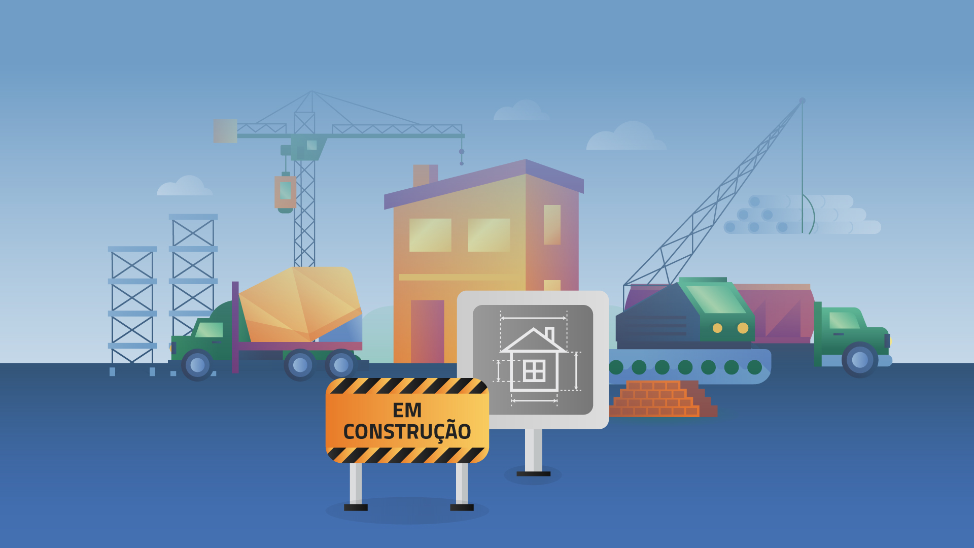 Ilustração de um canteiro de obras com diversos elementos construtivos, como grupa, caminhão betoneira, tijolos, etc.