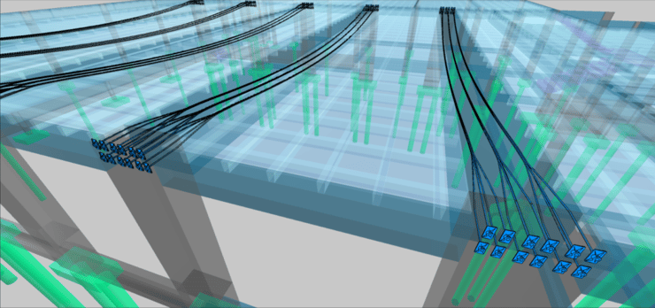 Viga protendida no Pórtico 3D, destaque para os cabos e suas ancoragens 